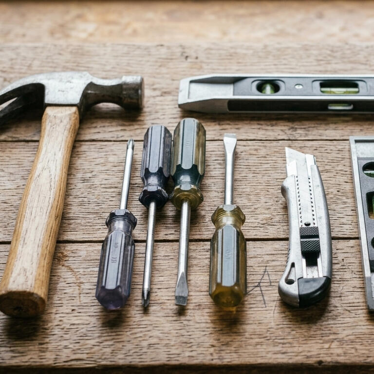 Flat lay of hand tools including hammer, screwdrivers, utility knife, and spirit level arranged on a wooden workbench