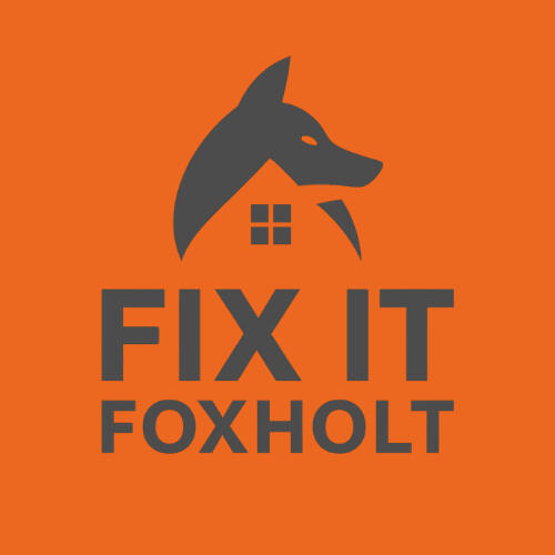 Fix It Foxholt logo featuring a dark grey fox and house icon on a bright orange background